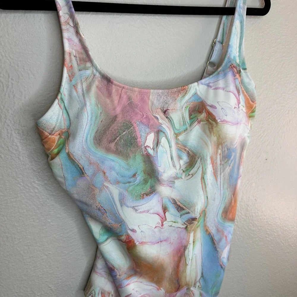 Johnny Was Calme Multi Rainbow Marble‎ Print One-Piece Abstract Swimsuit XL NWOT
